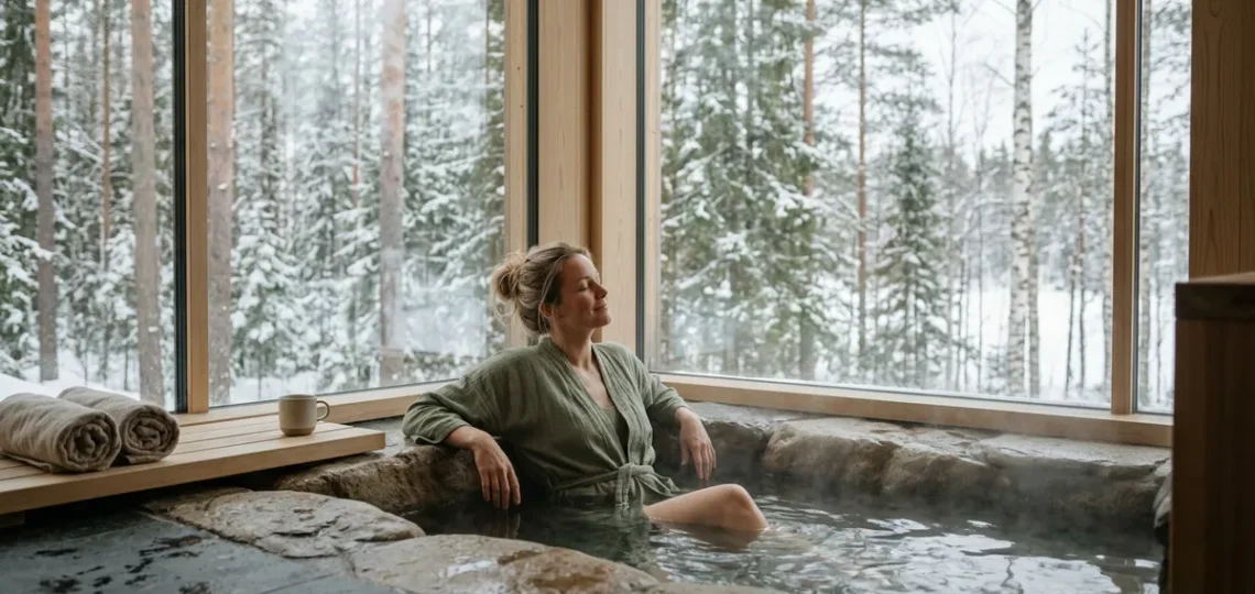Kvinde der slapper af i et luksuriøst skandinavisk spa for at reducere stress